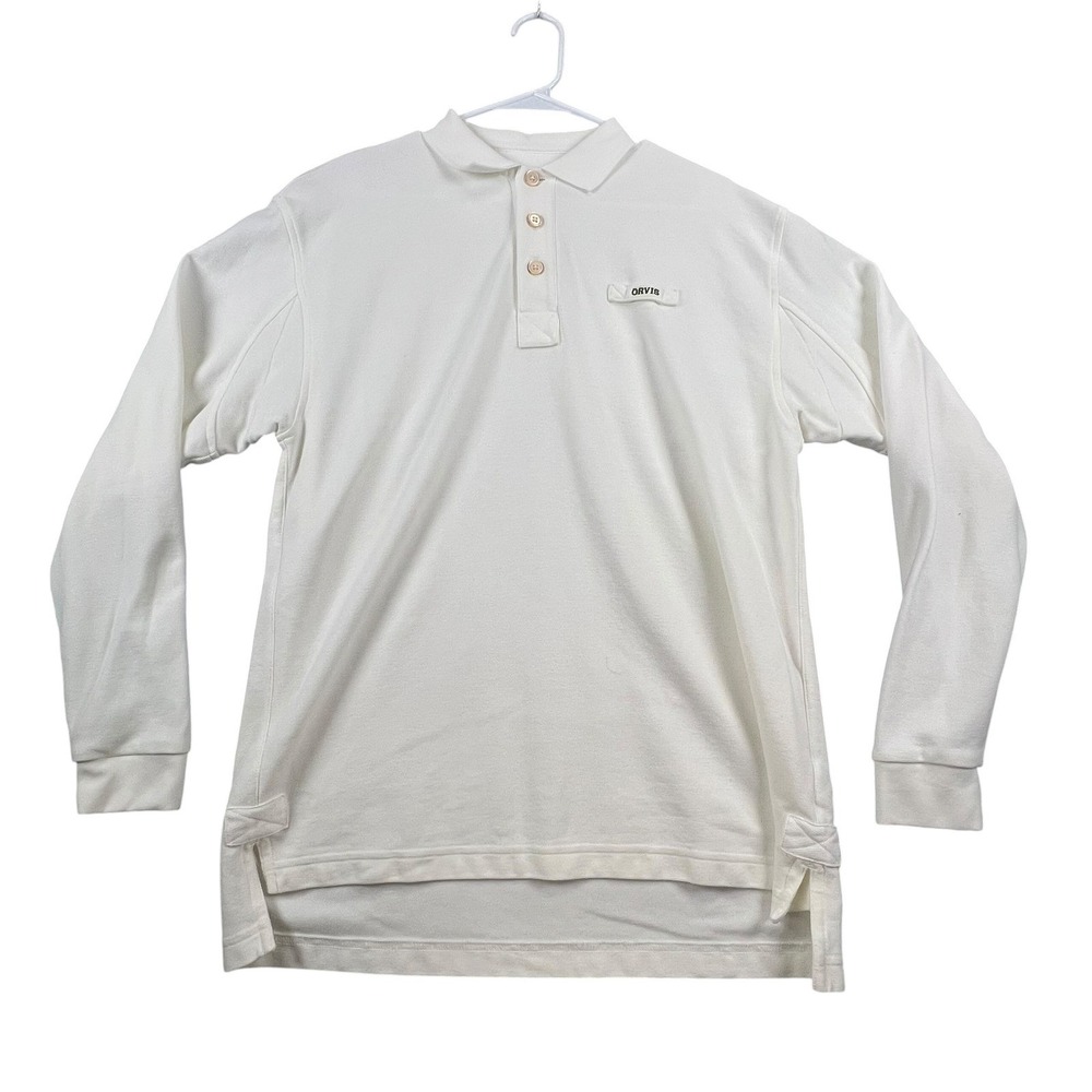Orvis Polo Shirt Men Medium White Long Sleeve Pique Knit Cotton Fly Fishing Lure